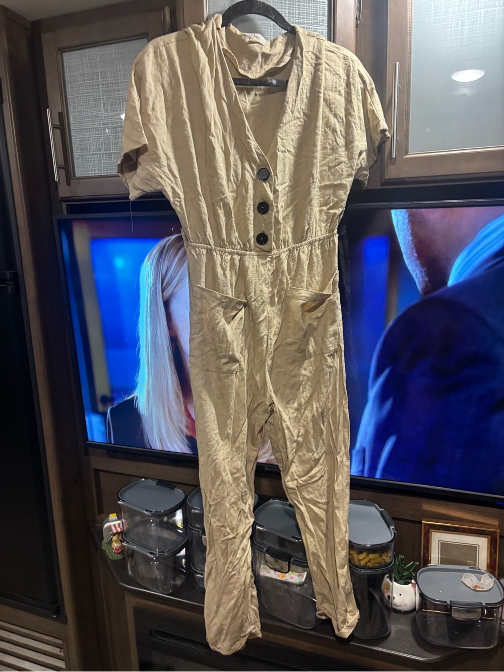 Gilli Tan Short-Sleeve Button-Front Jumpsuit